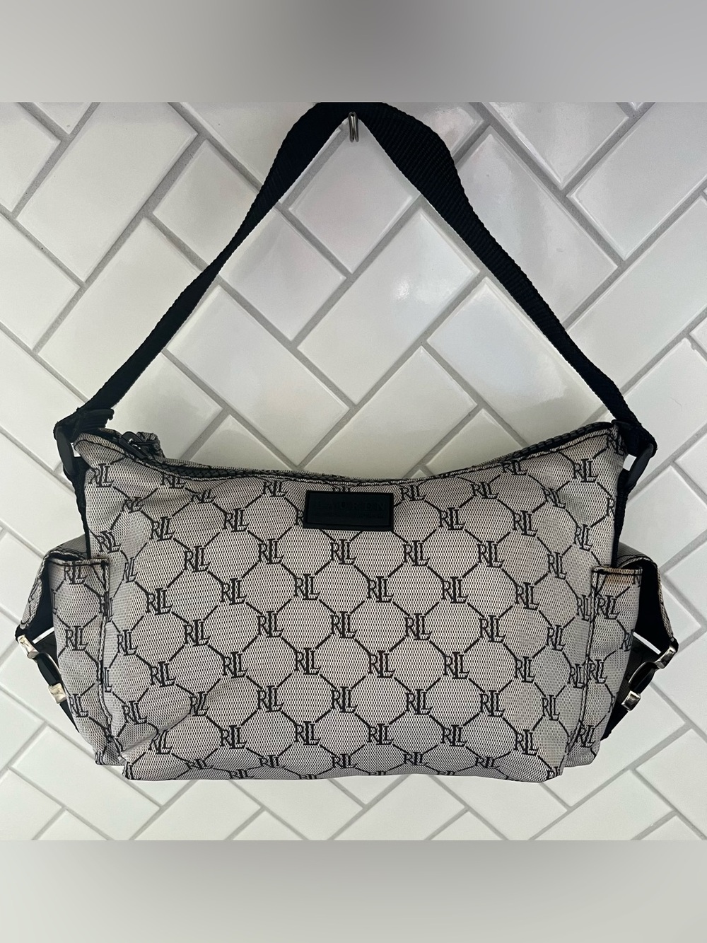 Lauren Ralph Lauren RL Monogram Shoulder Bag Black Gray Canvas Zip Handbag